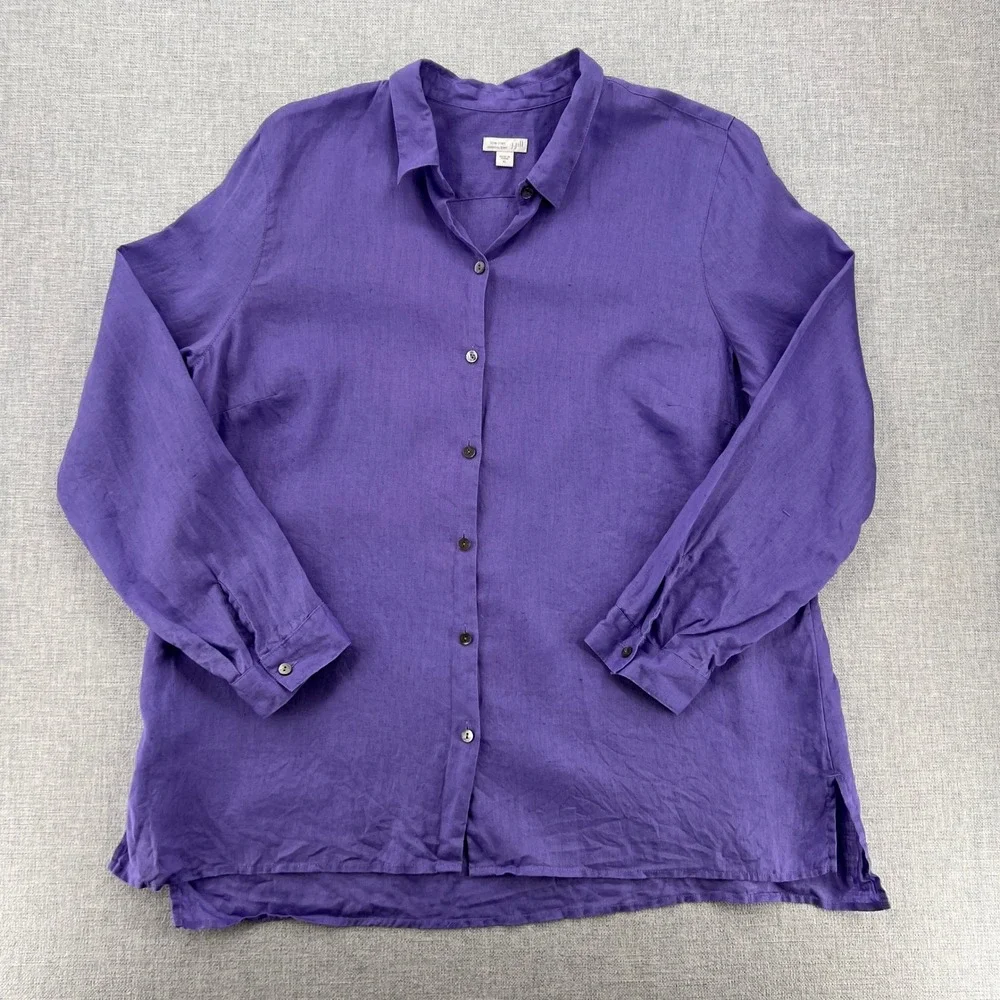 J.Jill Love Linen Essential Button Front Shirt Women XL Purple Minimal Coastal - Picture 2 of 11